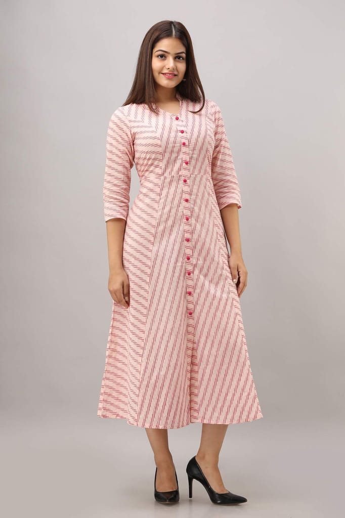 JAIPURETHNICWEAVES Women's Cotton Striped Printed A-Line Kurta (Pink)