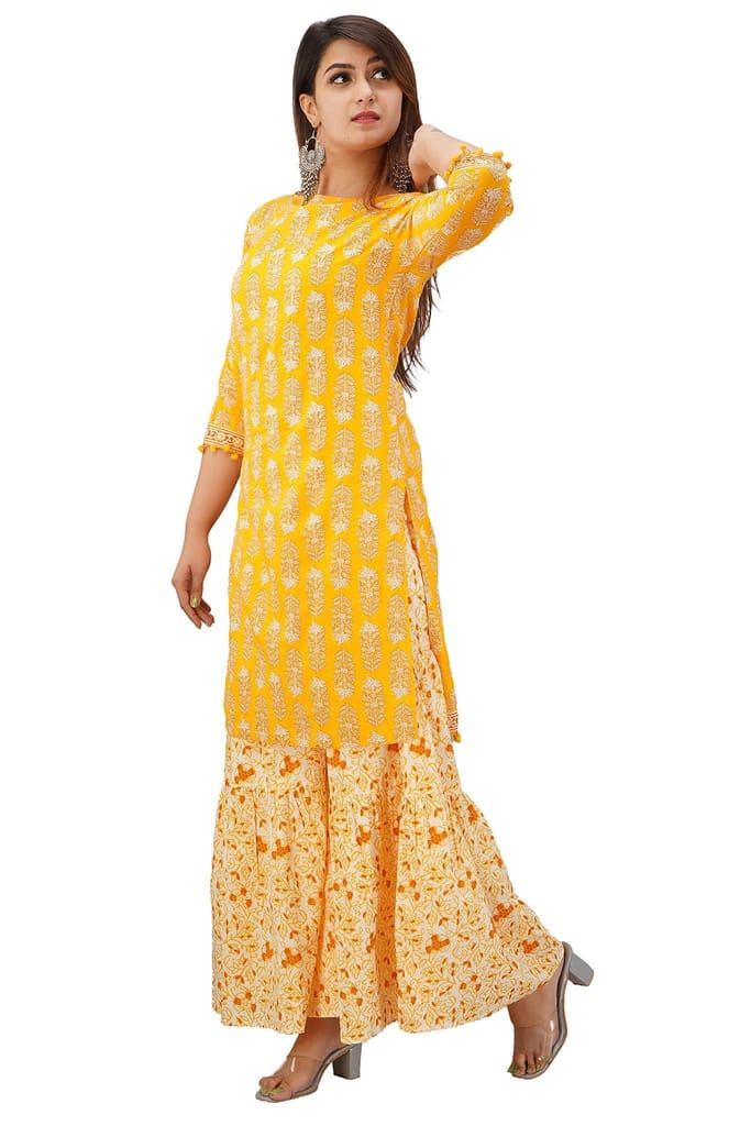 JAIPURETHNICWEAVES Women's Cotton Cambric Floral Printed Straight Kurta & Sharara Set