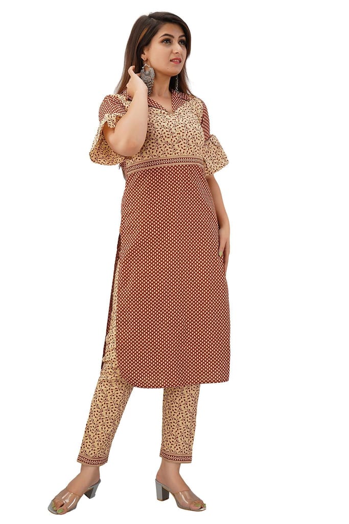 JAIPURETHNICWEAVES Women's Cotton Cambric Buti Printed Straight Kurta & Pant Set