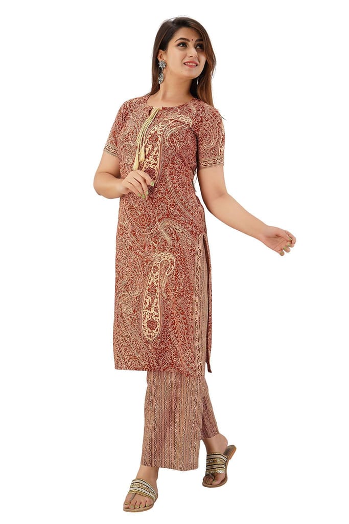 JAIPURETHNICWEAVES Women's Cotton Cambric Paisley Printed Straight Kurta & Palazzo Set
