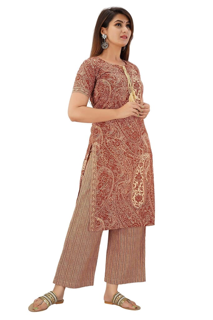 JAIPURETHNICWEAVES Women's Cotton Cambric Paisley Printed Straight Kurta & Palazzo Set