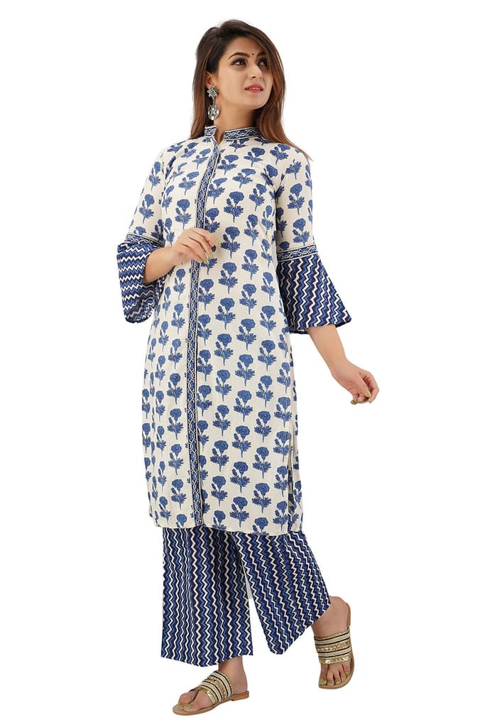 JAIPURETHNICWEAVES Women's Cotton Cambric Floral Printed Straight Kurta & Palazzo Set