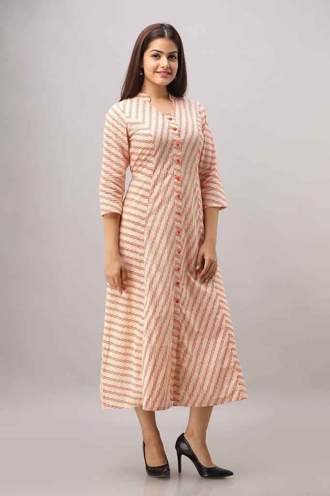 JAIPURETHNICWEAVES Women's Cotton Striped Printed A-Line Kurta (Orange)