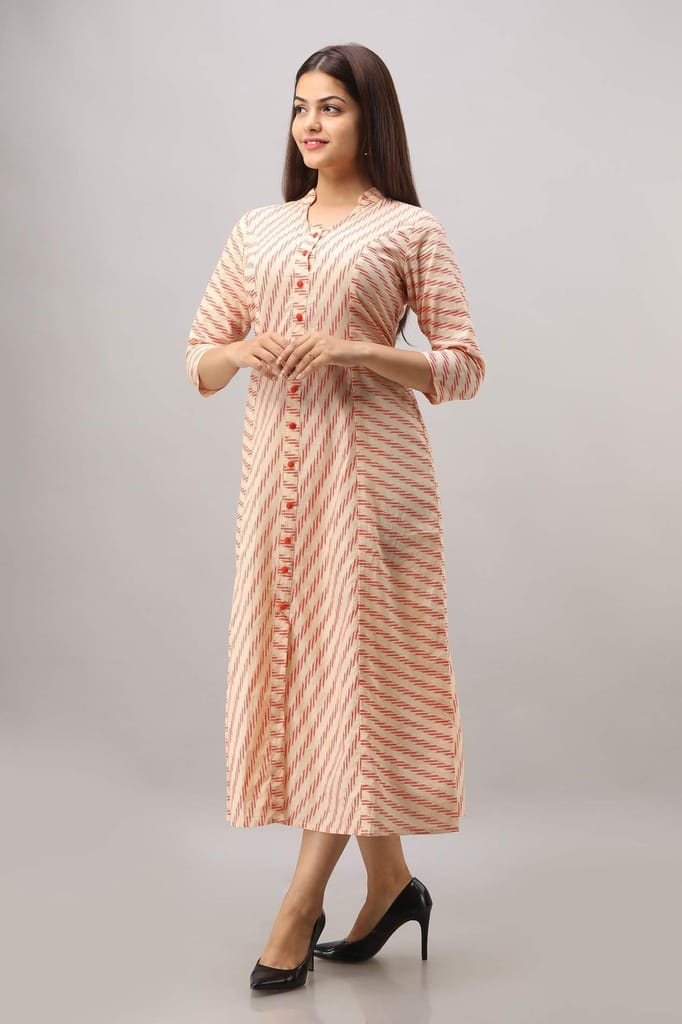 JAIPURETHNICWEAVES Women's Cotton Striped Printed A-Line Kurta (Orange)