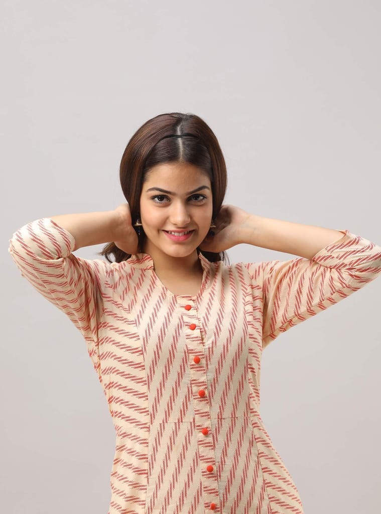 JAIPURETHNICWEAVES Women's Cotton Striped Printed A-Line Kurta (Orange)