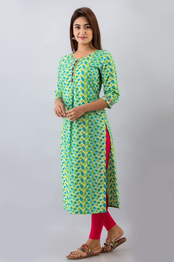 JAIPURETHNICWEAVESWomens Cotton Geometric Print A-Line Kurta (Green)