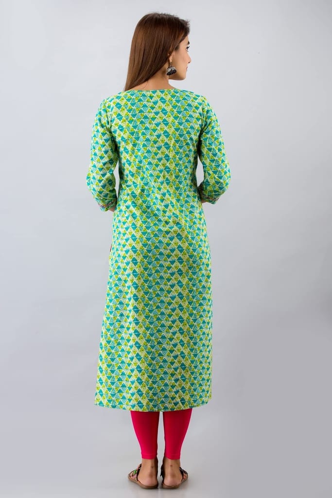 JAIPURETHNICWEAVESWomens Cotton Geometric Print A-Line Kurta (Green)