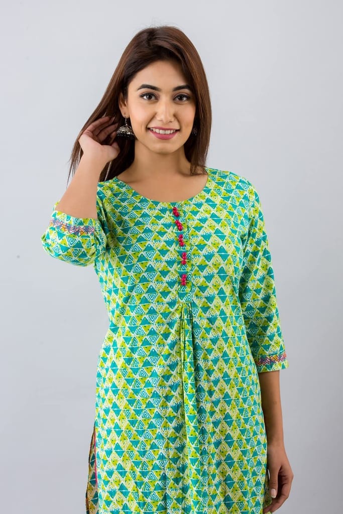 JAIPURETHNICWEAVESWomens Cotton Geometric Print A-Line Kurta (Green)