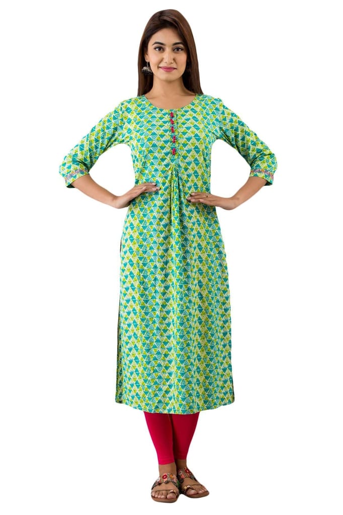 JAIPURETHNICWEAVESWomens Cotton Geometric Print A-Line Kurta (Green)