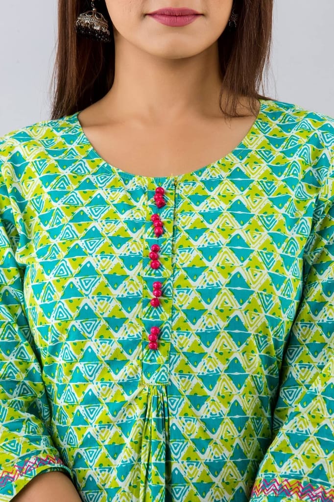 JAIPURETHNICWEAVESWomens Cotton Geometric Print A-Line Kurta (Green)