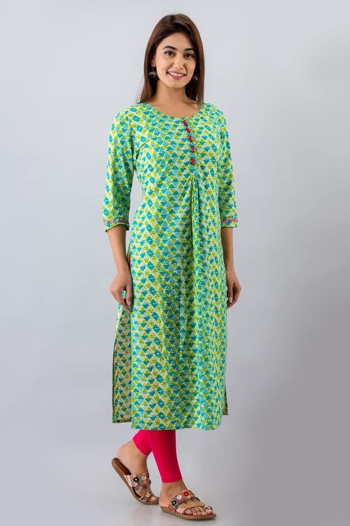 JAIPURETHNICWEAVESWomens Cotton Geometric Print A-Line Kurta (Green)