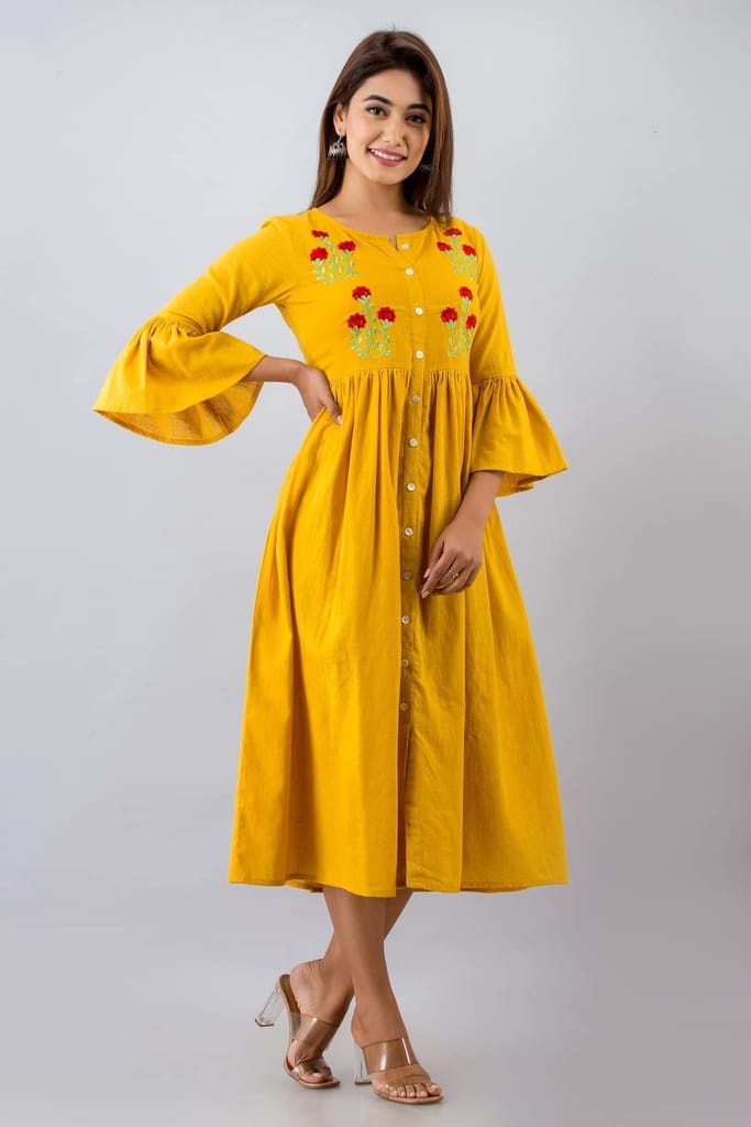 JAIPURETHNICWEAVESWomens Cotton Blend Embroidered Anarkali Kurta (Yellow)