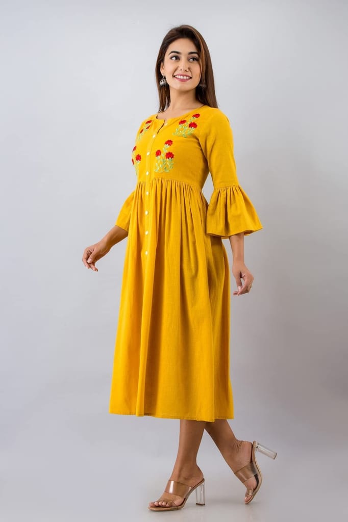 JAIPURETHNICWEAVESWomens Cotton Blend Embroidered Anarkali Kurta (Yellow)