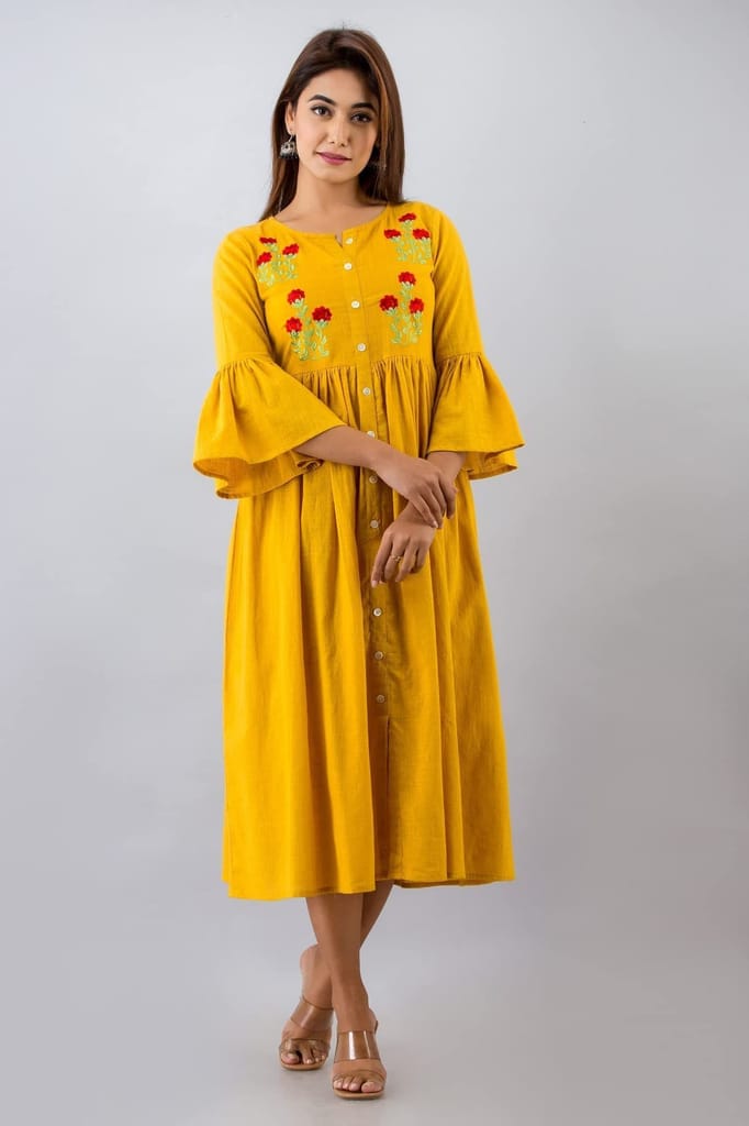 JAIPURETHNICWEAVESWomens Cotton Blend Embroidered Anarkali Kurta (Yellow)