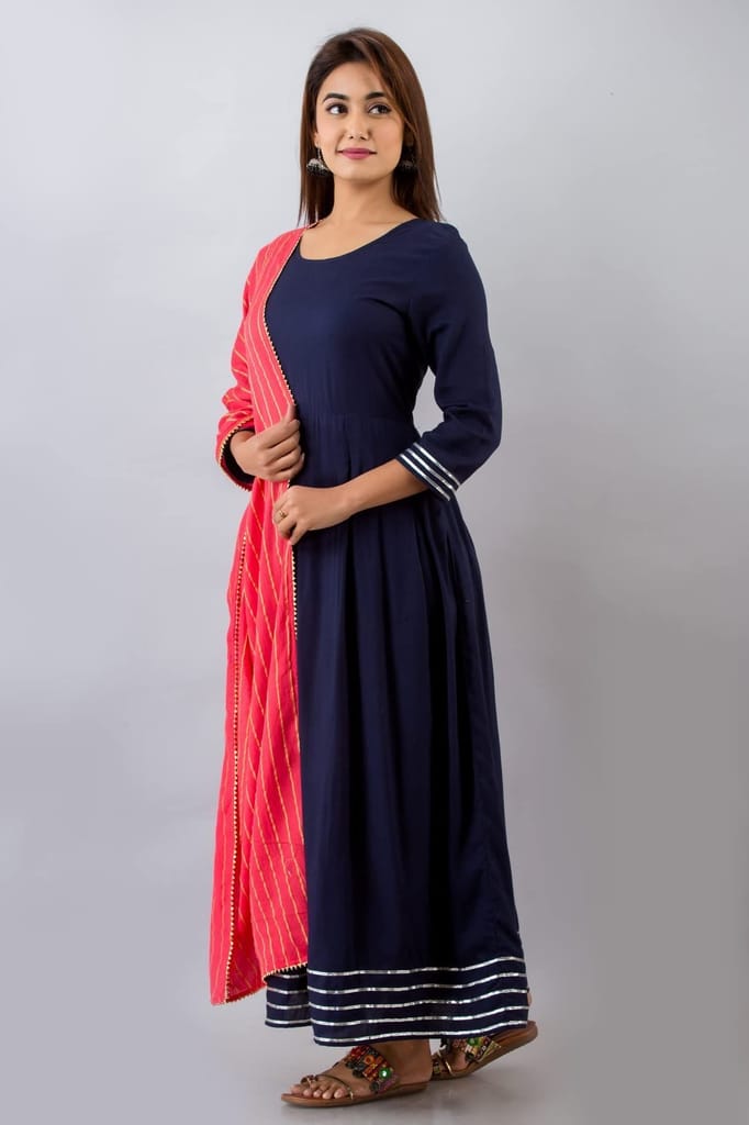 JAIPURETHNICWEAVES Womens Rayon Solid Anarkali Kurta Dupatta (Navy)