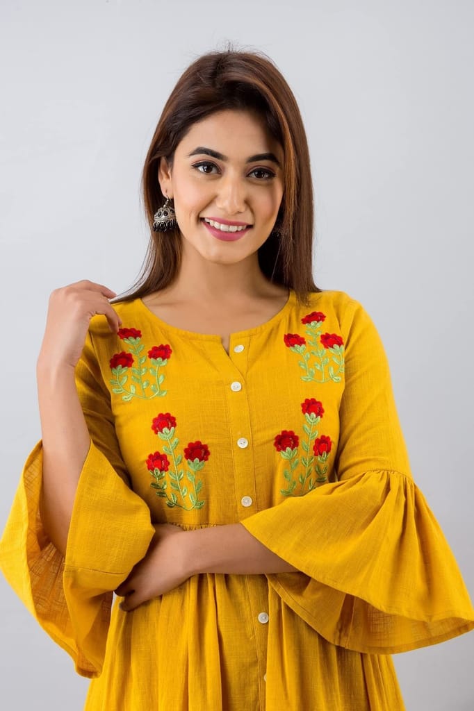 JAIPURETHNICWEAVESWomens Cotton Blend Embroidered Anarkali Kurta (Yellow)