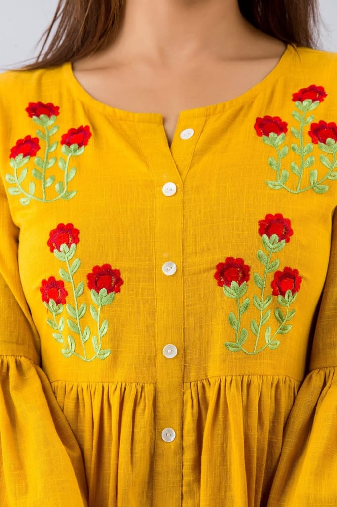 JAIPURETHNICWEAVESWomens Cotton Blend Embroidered Anarkali Kurta (Yellow)