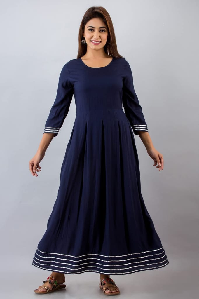 JAIPURETHNICWEAVES Womens Rayon Solid Anarkali Kurta Dupatta (Navy)