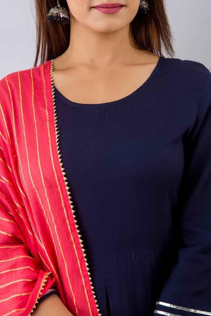 JAIPURETHNICWEAVES Womens Rayon Solid Anarkali Kurta Dupatta (Navy)
