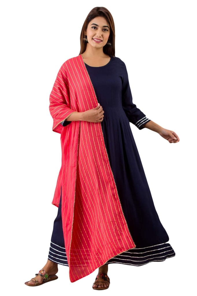 JAIPURETHNICWEAVES Womens Rayon Solid Anarkali Kurta Dupatta (Navy)