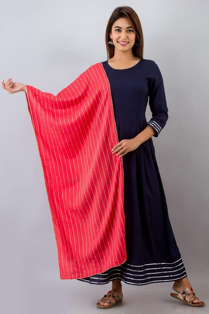 JAIPURETHNICWEAVES Womens Rayon Solid Anarkali Kurta Dupatta (Navy)