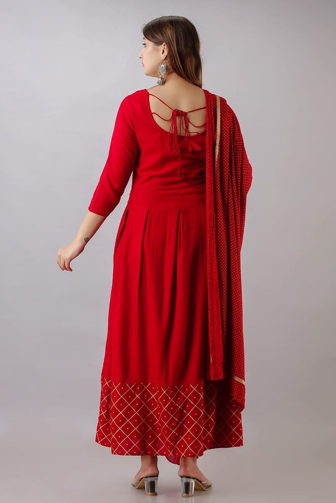 JAIPURETHNICWEAVES Womens Rayon Solid Anarkali Kurta Dupatta (Red)