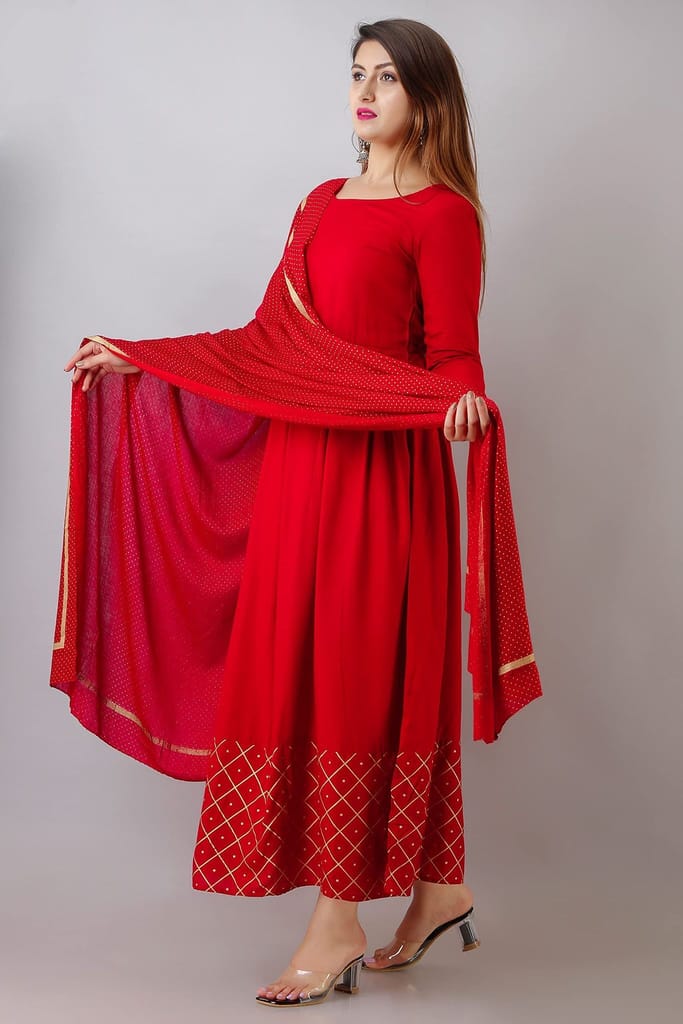 JAIPURETHNICWEAVES Womens Rayon Solid Anarkali Kurta Dupatta (Red)