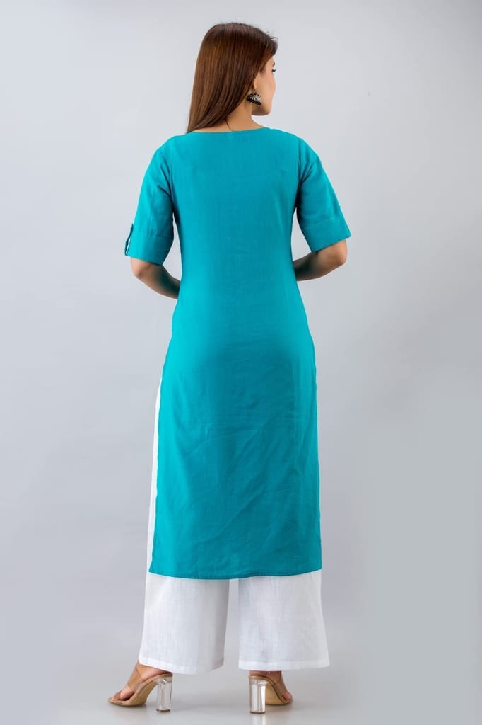 JAIPURETHNICWEAVESWomens Cotton Blend Embellished Straight Kurta (Turquoise)