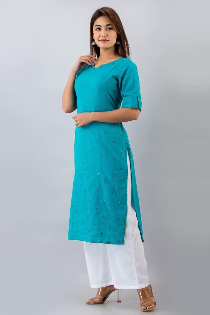 JAIPURETHNICWEAVESWomens Cotton Blend Embellished Straight Kurta (Turquoise)