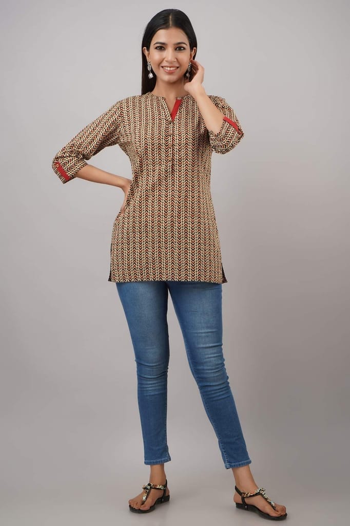 JAIPURETHNICWEAVESWomen's Cotton Cambric Block Print Straight Tunic (Beige)