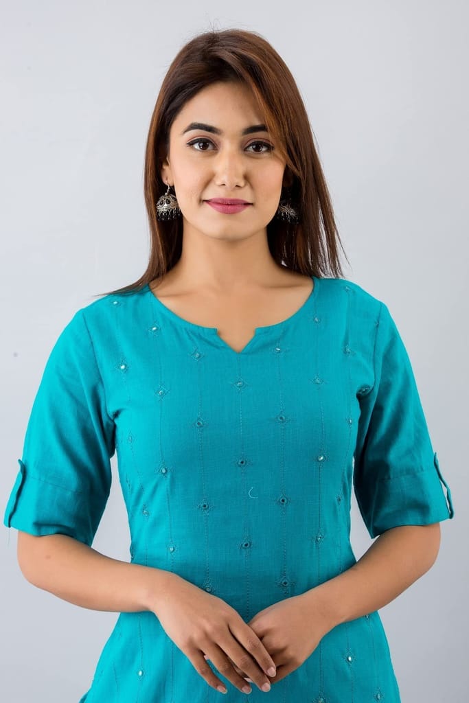 JAIPURETHNICWEAVESWomens Cotton Blend Embellished Straight Kurta (Turquoise)