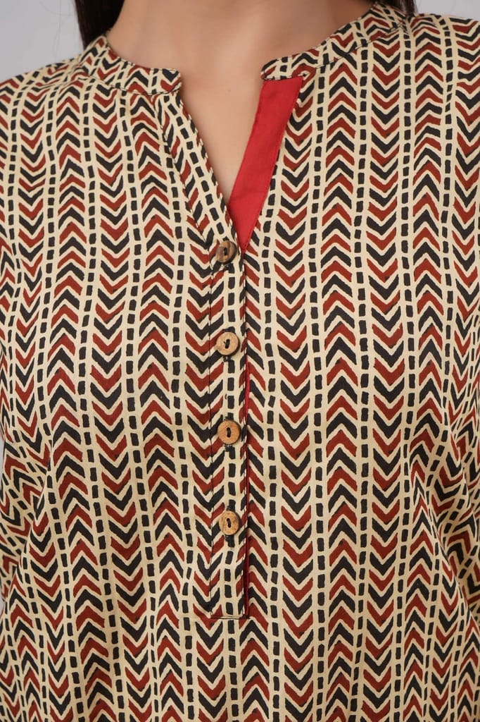 JAIPURETHNICWEAVESWomen's Cotton Cambric Block Print Straight Tunic (Beige)