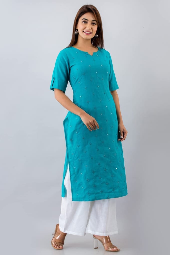 JAIPURETHNICWEAVESWomens Cotton Blend Embellished Straight Kurta (Turquoise)
