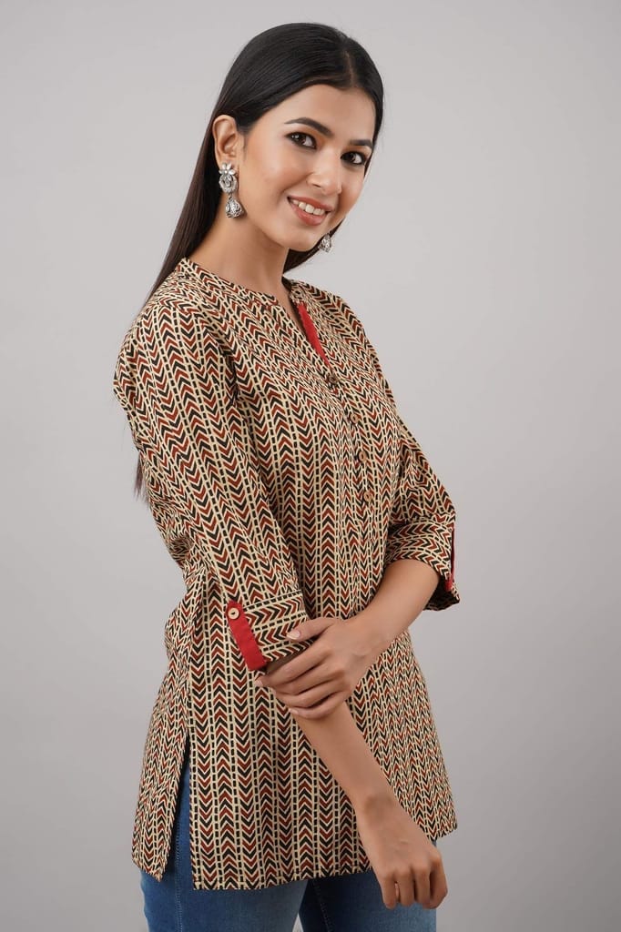 JAIPURETHNICWEAVESWomen's Cotton Cambric Block Print Straight Tunic (Beige)