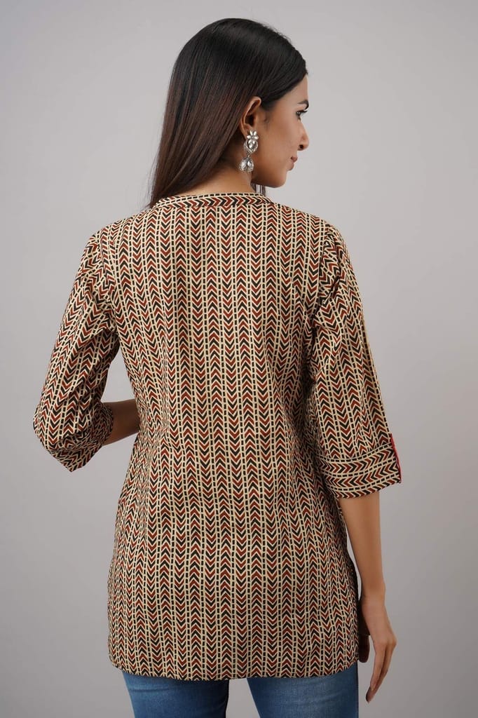 JAIPURETHNICWEAVESWomen's Cotton Cambric Block Print Straight Tunic (Beige)