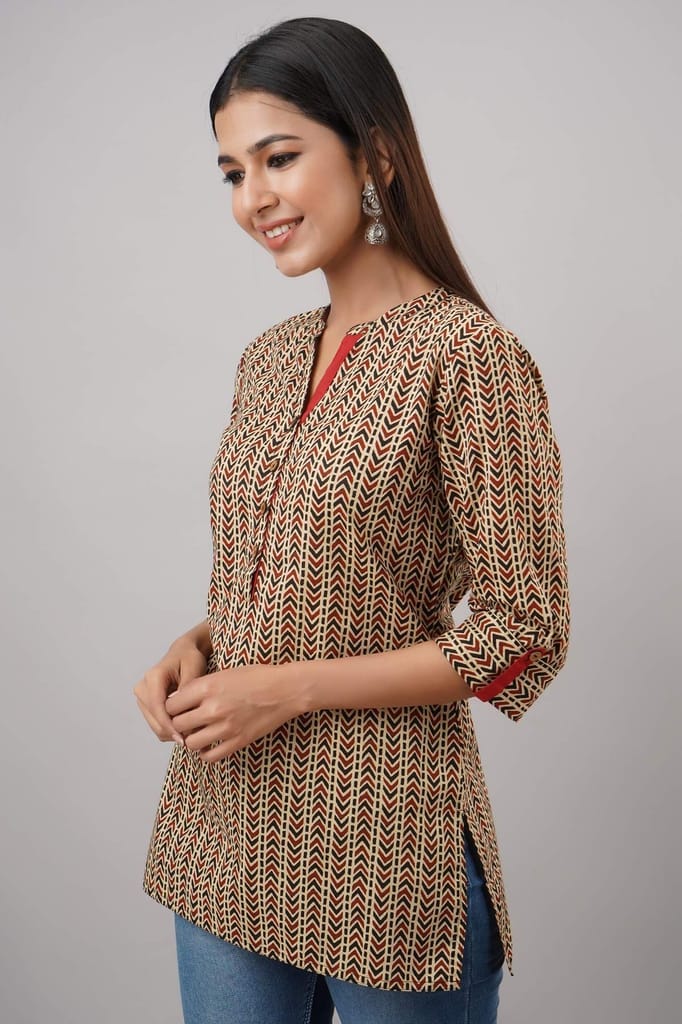 JAIPURETHNICWEAVESWomen's Cotton Cambric Block Print Straight Tunic (Beige)