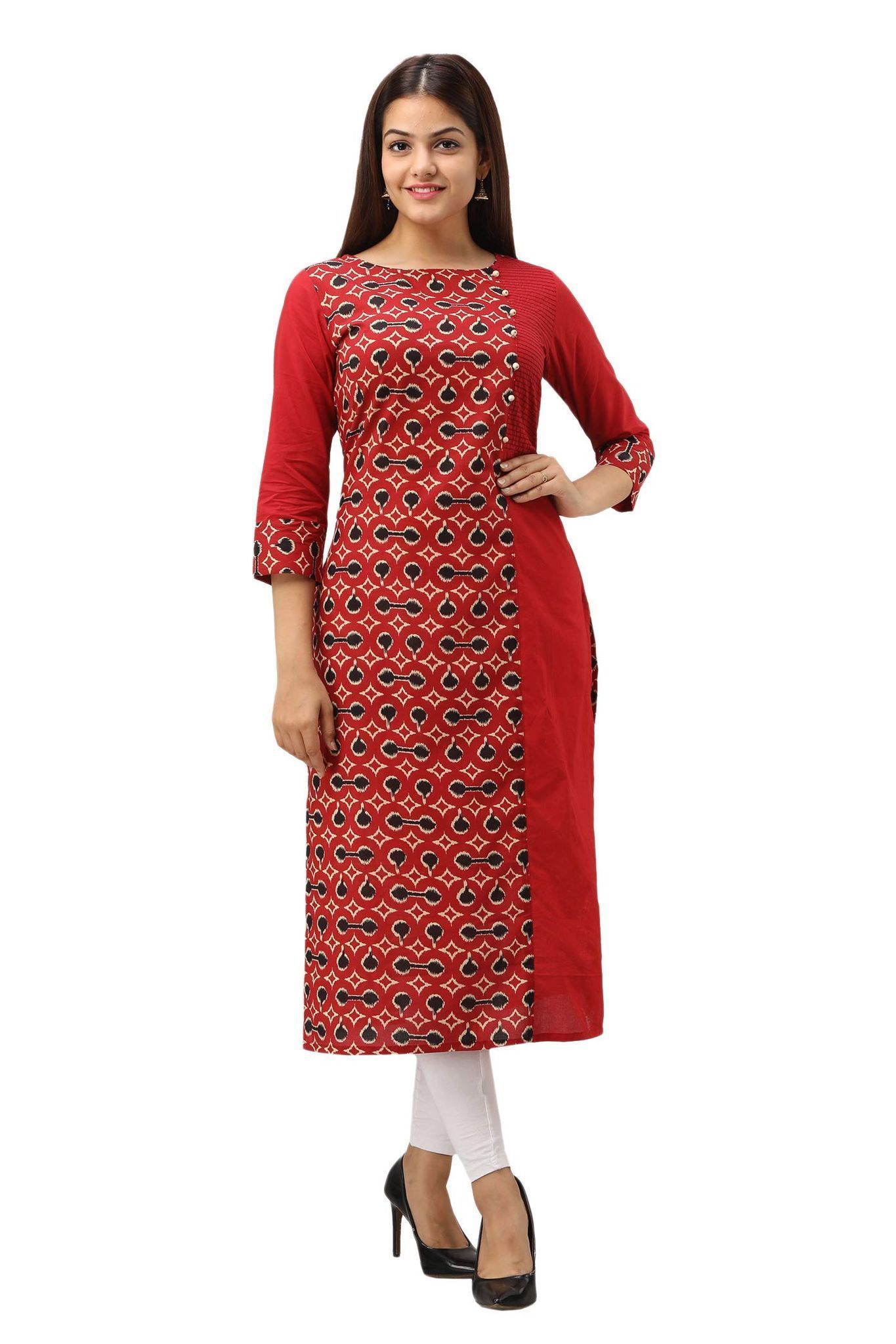 JAIPURETHNICWEAVES Women's Cotton Printed Straight Kurta (Red)