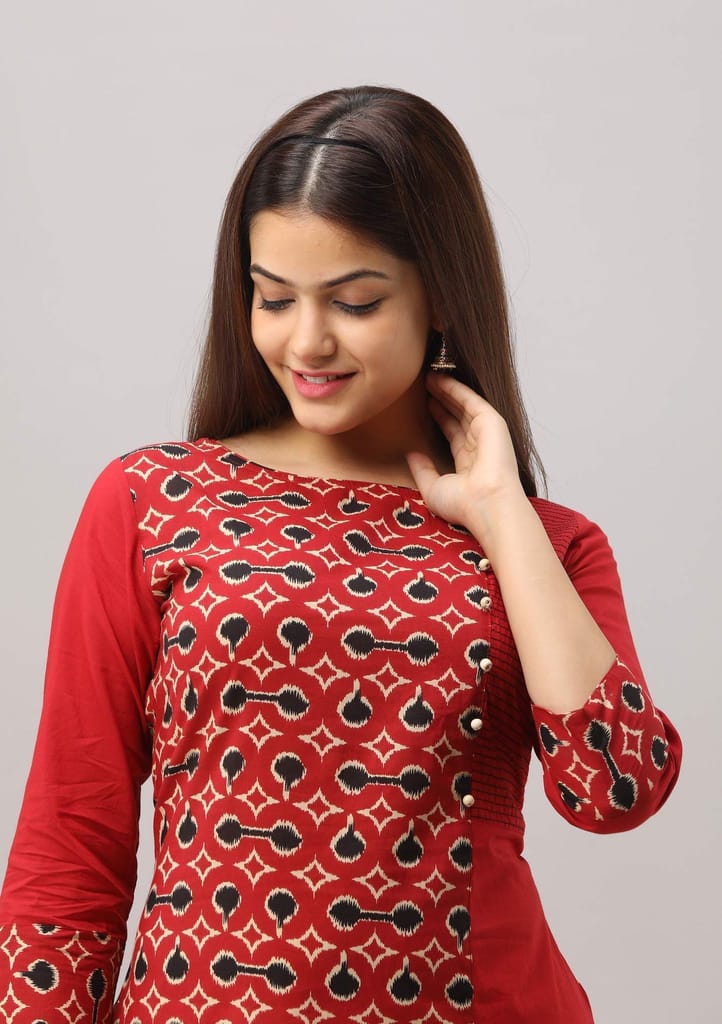 JAIPURETHNICWEAVES Women's Cotton Printed Straight Kurta (Red)