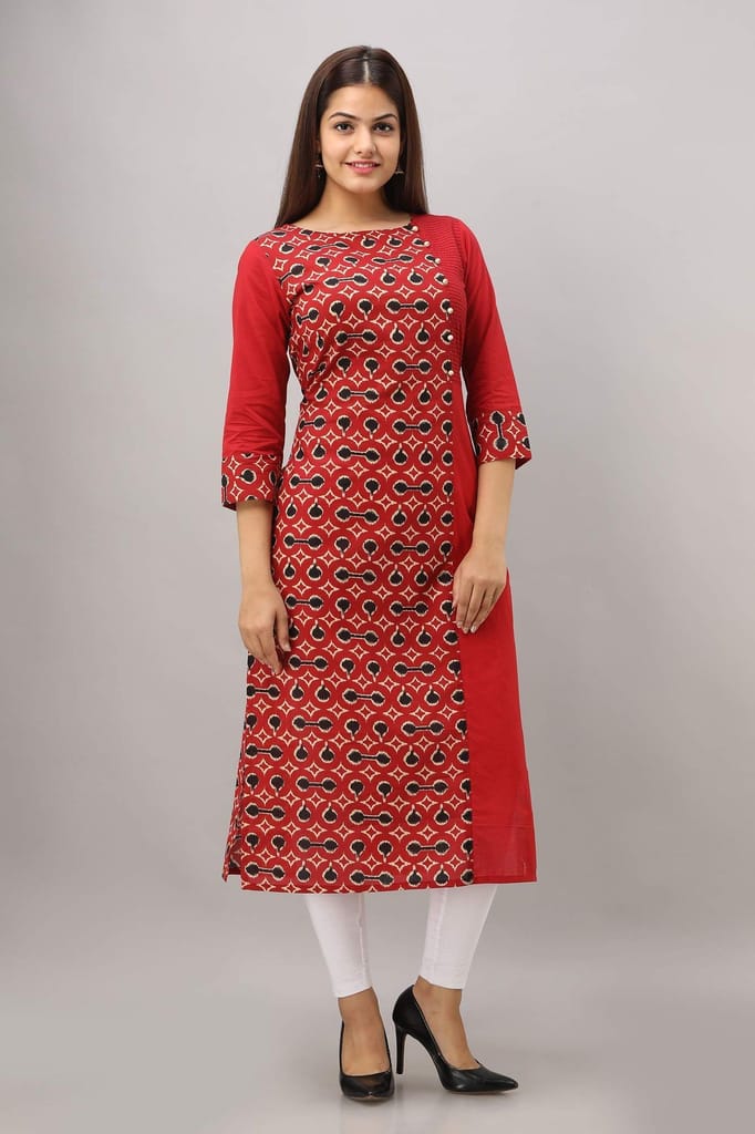 JAIPURETHNICWEAVES Women's Cotton Printed Straight Kurta (Red)