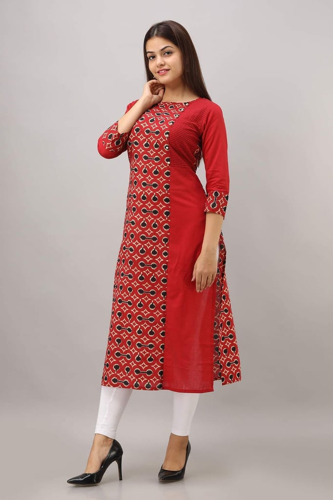 JAIPURETHNICWEAVES Women's Cotton Printed Straight Kurta (Red)