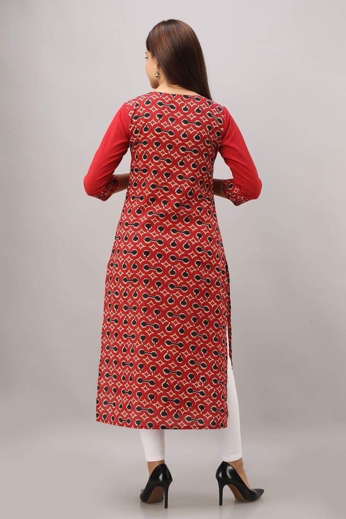 JAIPURETHNICWEAVES Women's Cotton Printed Straight Kurta (Red)