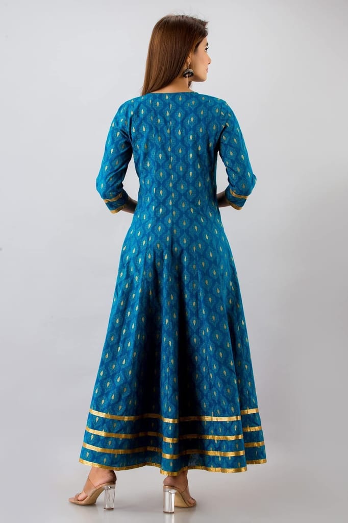 JAIPURETHNICWEAVESWomens Cotton Buti Print Anarkali Kurta (Teal Blue)