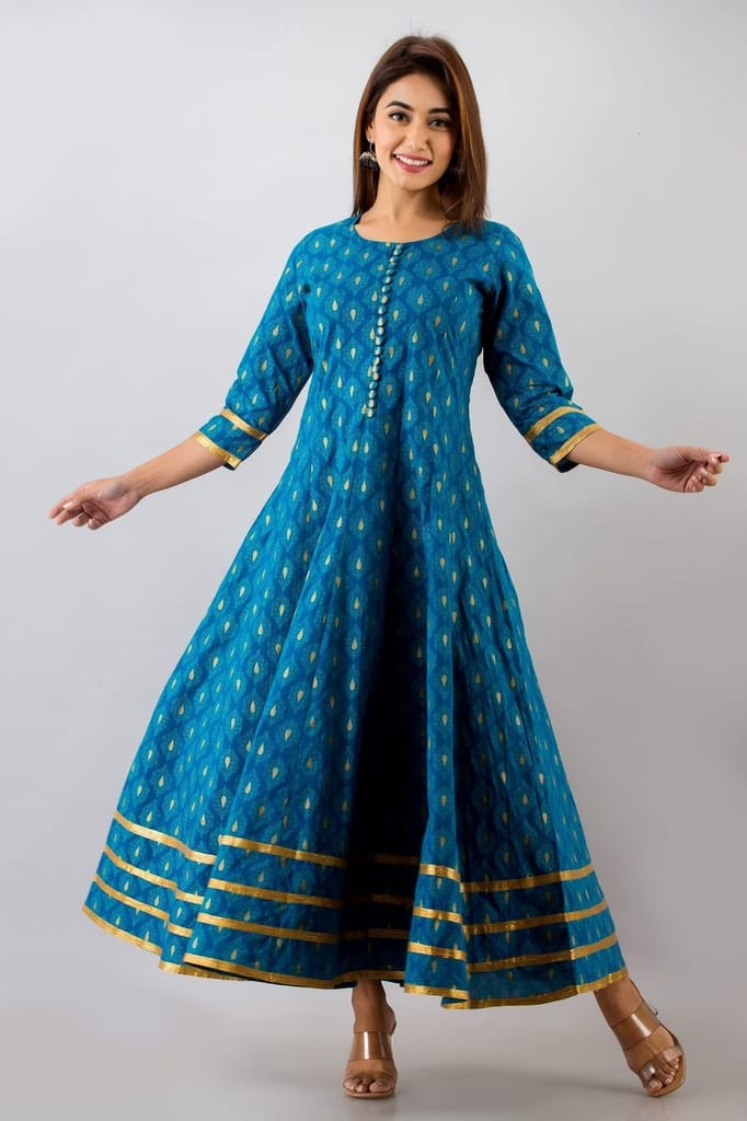 JAIPURETHNICWEAVESWomens Cotton Buti Print Anarkali Kurta (Teal Blue)