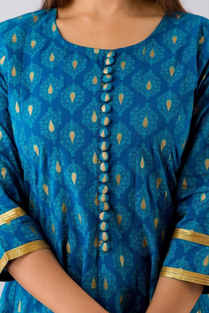 JAIPURETHNICWEAVESWomens Cotton Buti Print Anarkali Kurta (Teal Blue)