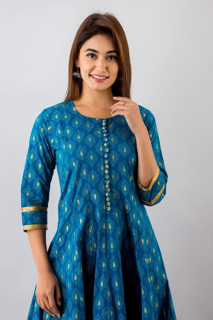 JAIPURETHNICWEAVESWomens Cotton Buti Print Anarkali Kurta (Teal Blue)