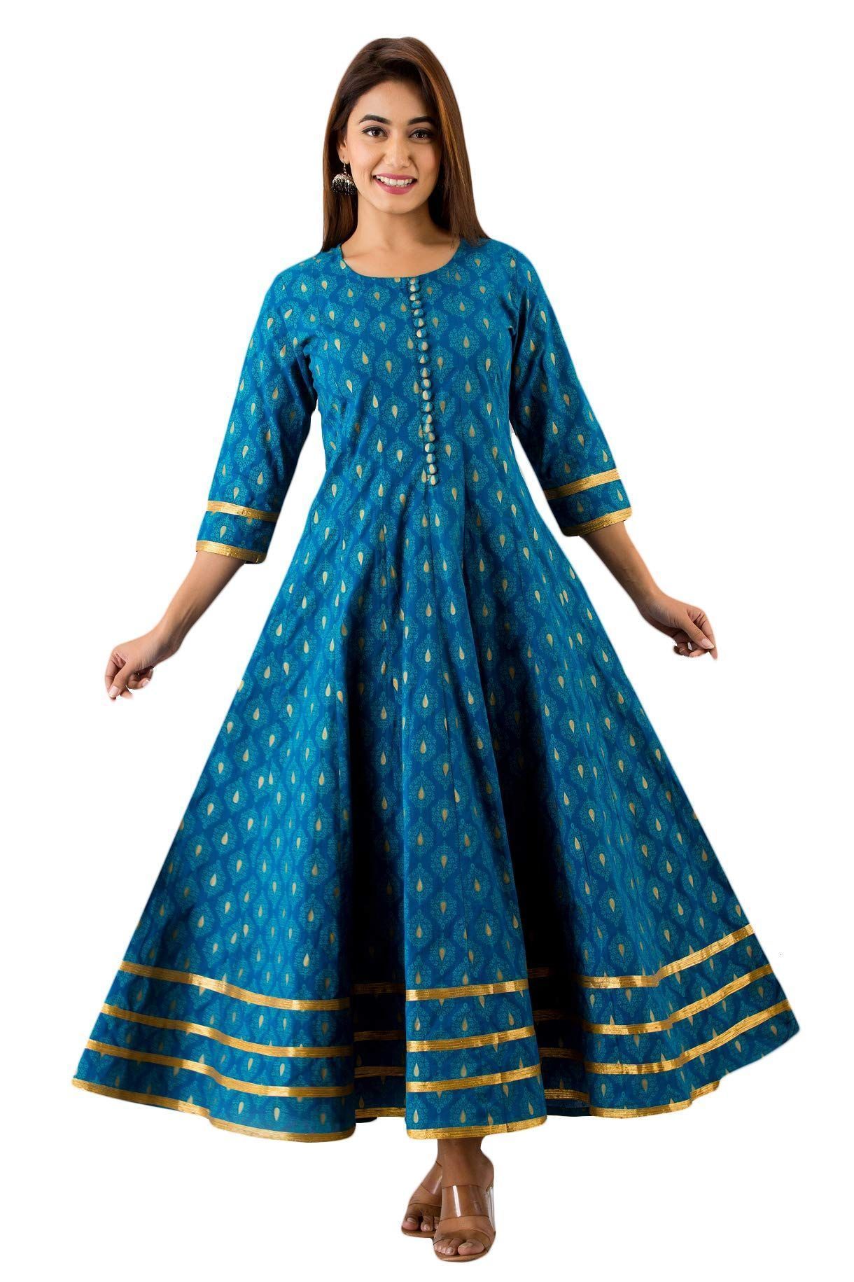 JAIPURETHNICWEAVESWomens Cotton Buti Print Anarkali Kurta (Teal Blue)