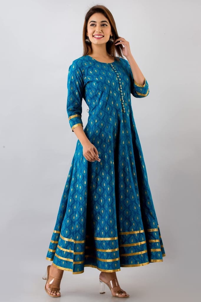 JAIPURETHNICWEAVESWomens Cotton Buti Print Anarkali Kurta (Teal Blue)