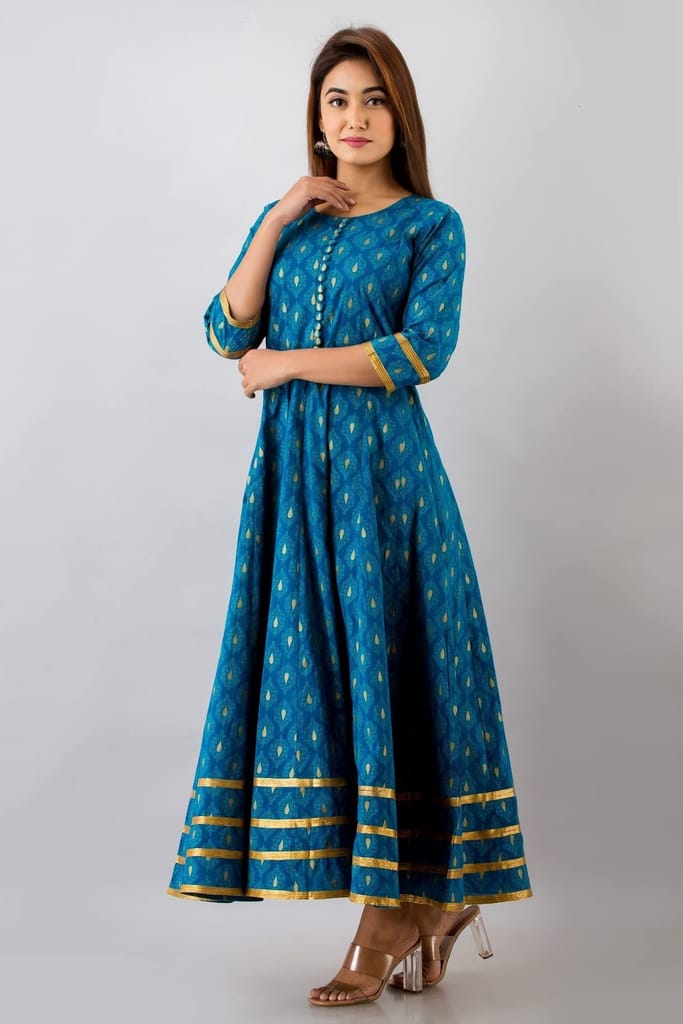 JAIPURETHNICWEAVESWomens Cotton Buti Print Anarkali Kurta (Teal Blue)