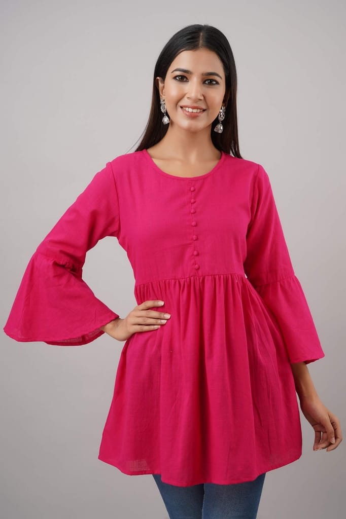 JAIPURETHNICWEAVESWomen's Cotton Slub Solid Flared Tunic (Pink)