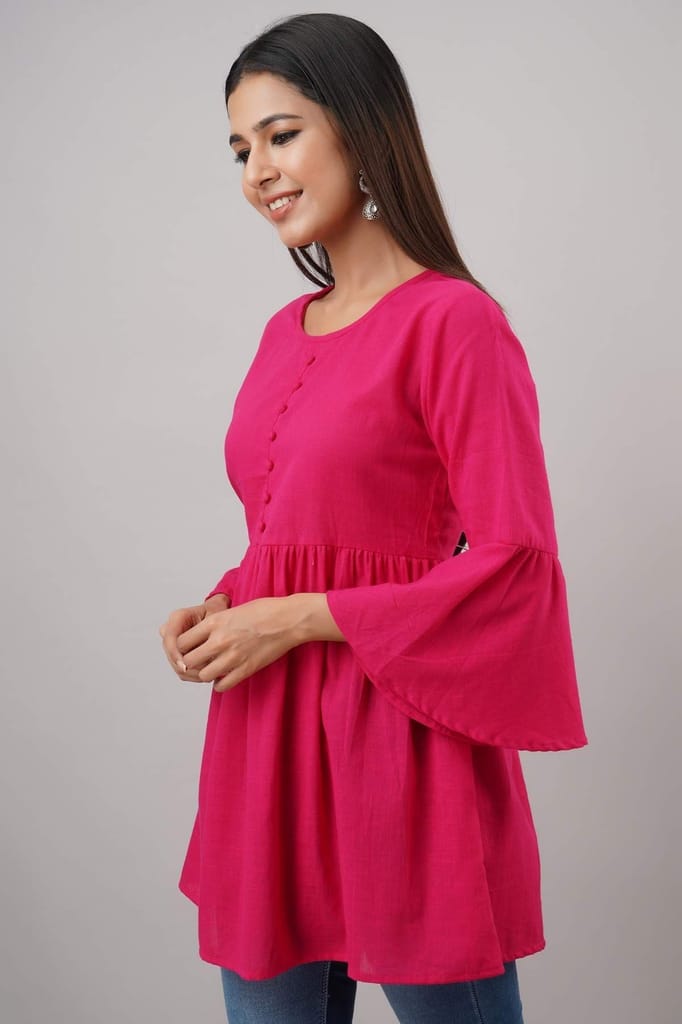 JAIPURETHNICWEAVESWomen's Cotton Slub Solid Flared Tunic (Pink)